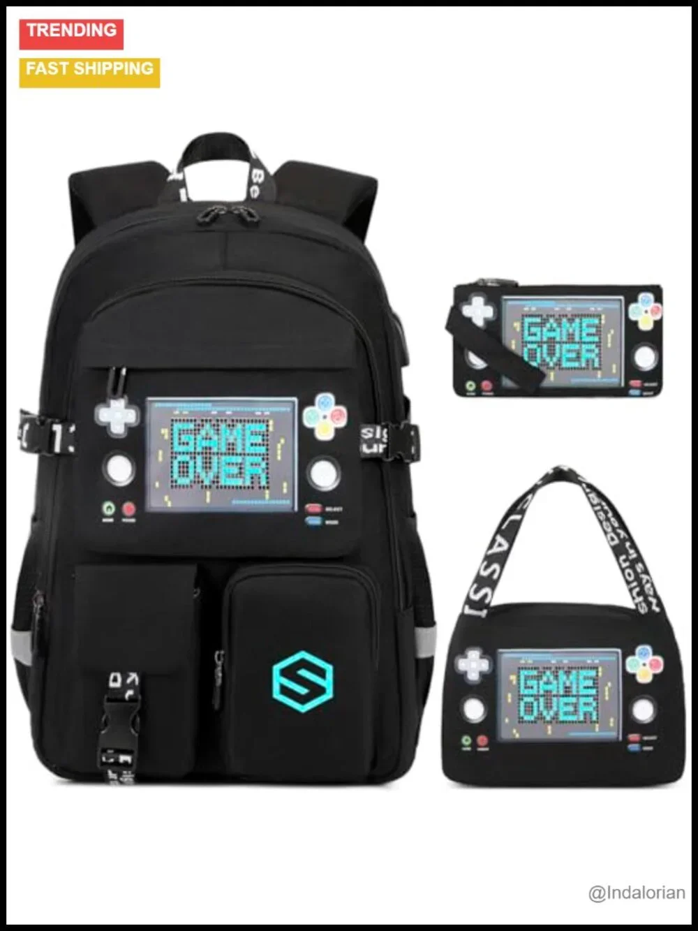 Luminous Boys Backpack Set with USB Port, Lunch Bag & Pencil Case for School